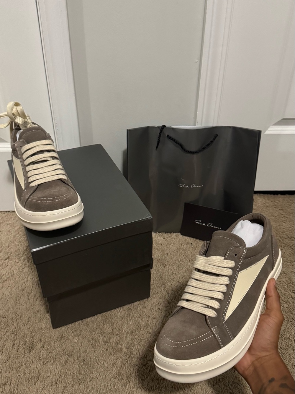 Rick Owens Gray Suede Sneakers with Cream Panels